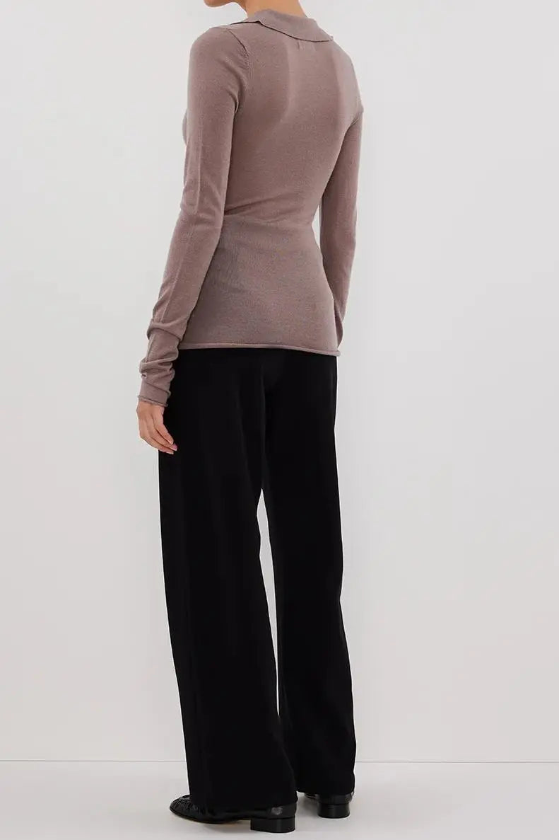 JANE TAUPE MERINO POLO KNIT TOP