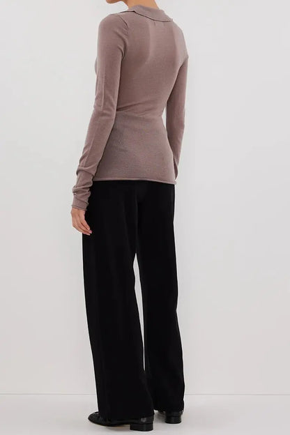 JANE TAUPE MERINO POLO KNIT TOP