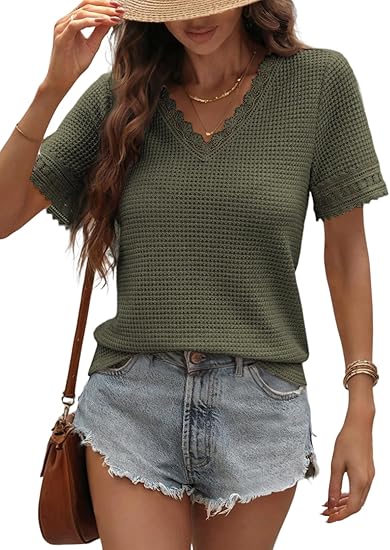 Women's Casual V Neck Short Sleeve Waffle Knit Lace Patchwork Shirts Summer Loose Basic Tunic Tops Tee Blouses
